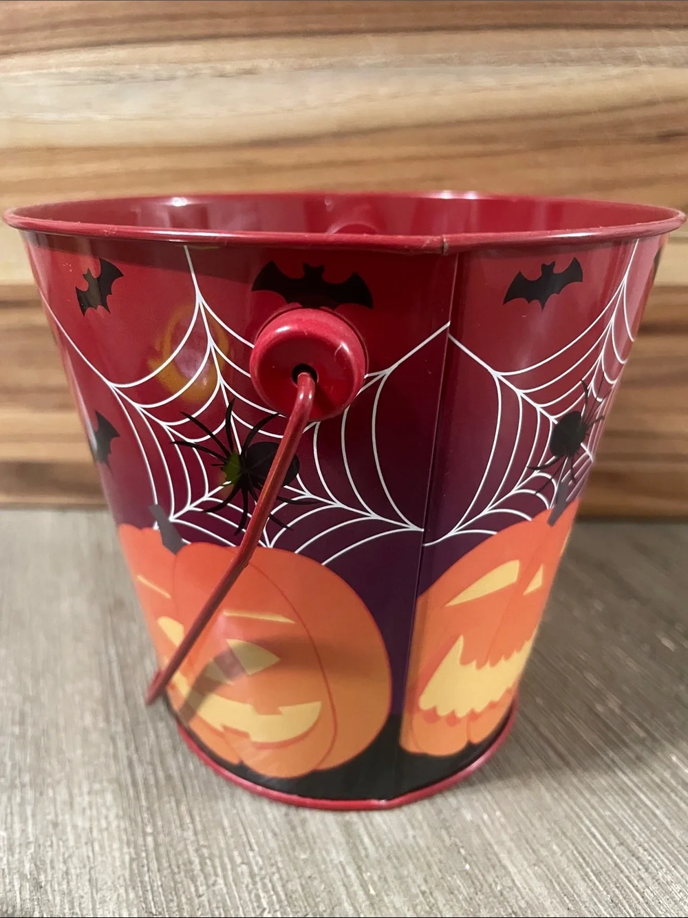 Halloween Pumpkin Treat Pail - Red Metal Party Favor Bucket
